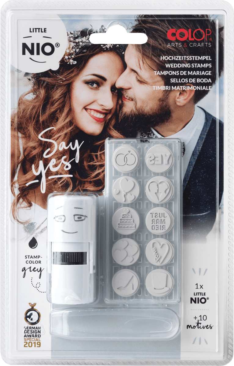 Colop Selbstfärbender Stempel – Little NIO Hochzeit – 12 Stück Display – 10 Motive – Abdruck Ø 17 mm
