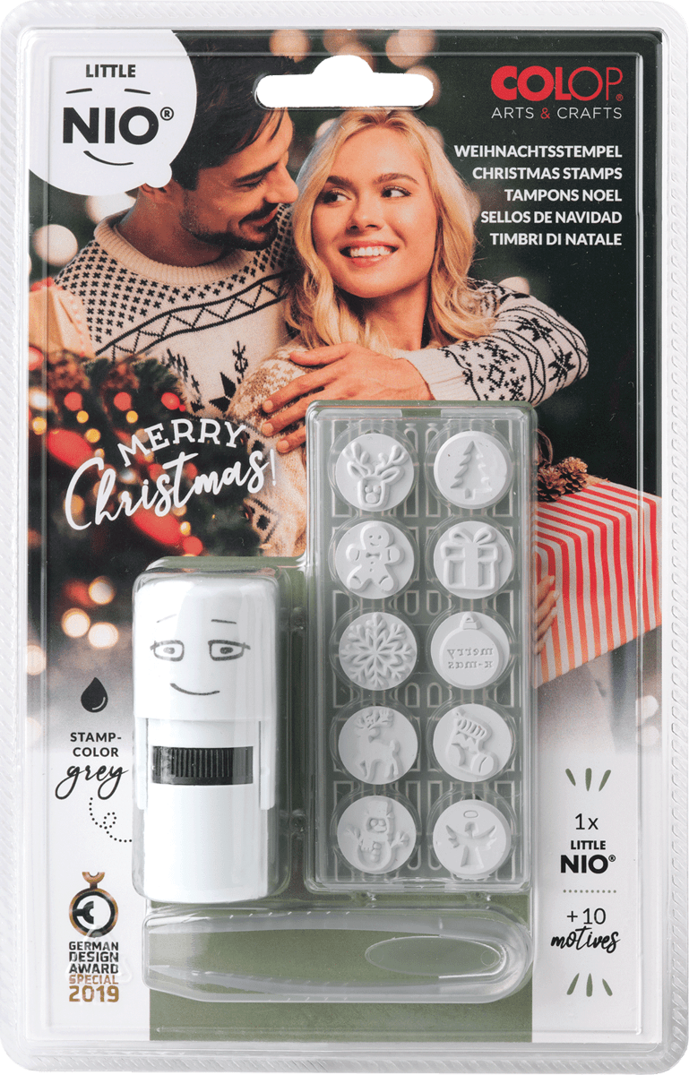 Colop Little NIO – Selbstfärbender Motivstempel, Weihnachtsmotive, Ø 17 mm – Fancy Grey