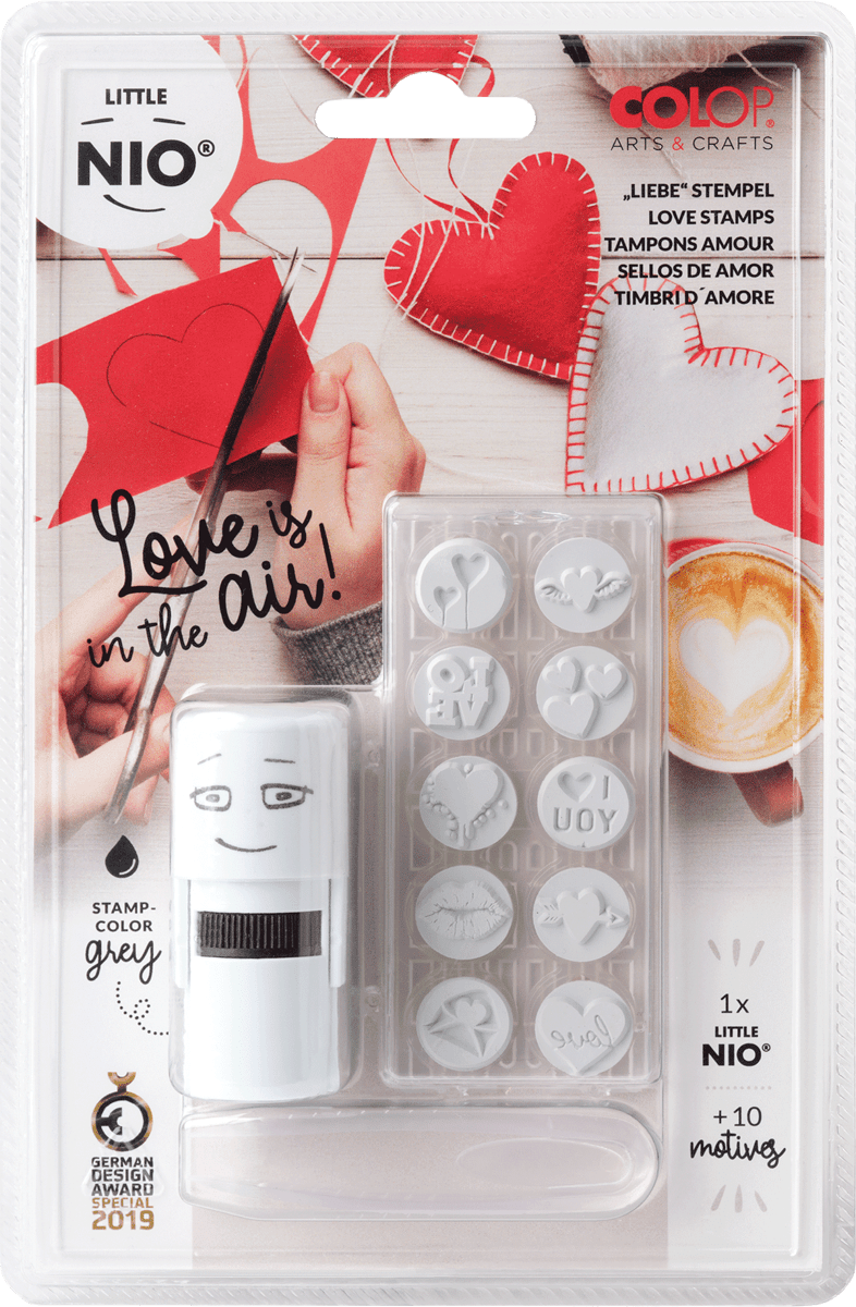 Colop Selbstfärbender Stempel – Little NIO – Liebe – Display 12 Stück, 10 Motive – Ø 17 mm