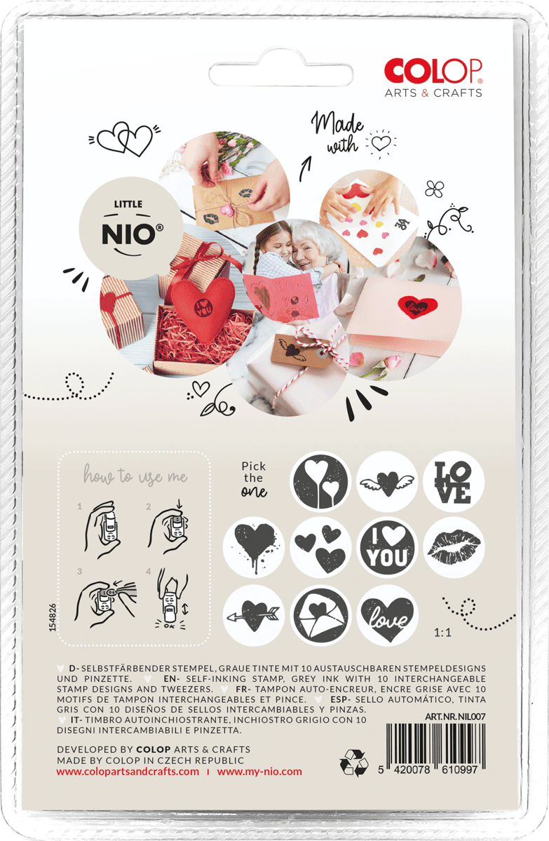 Colop Selbstfärbender Stempel – Little NIO – Liebe – Display 12 Stück, 10 Motive – Ø 17 mm