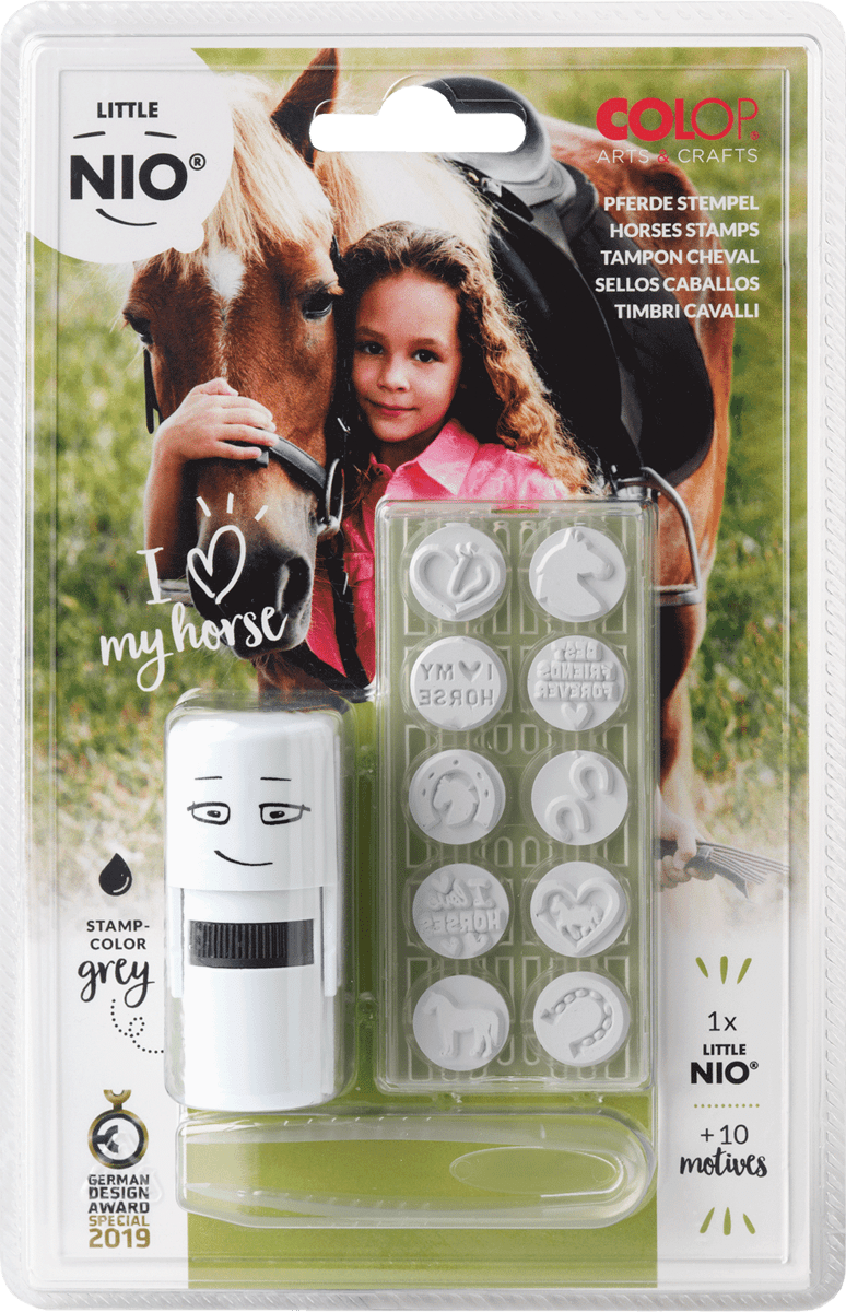 Colop Little NIO – Selbstfärbender Motivstempel, Motiv Pferde – Ø 17 mm – Grau