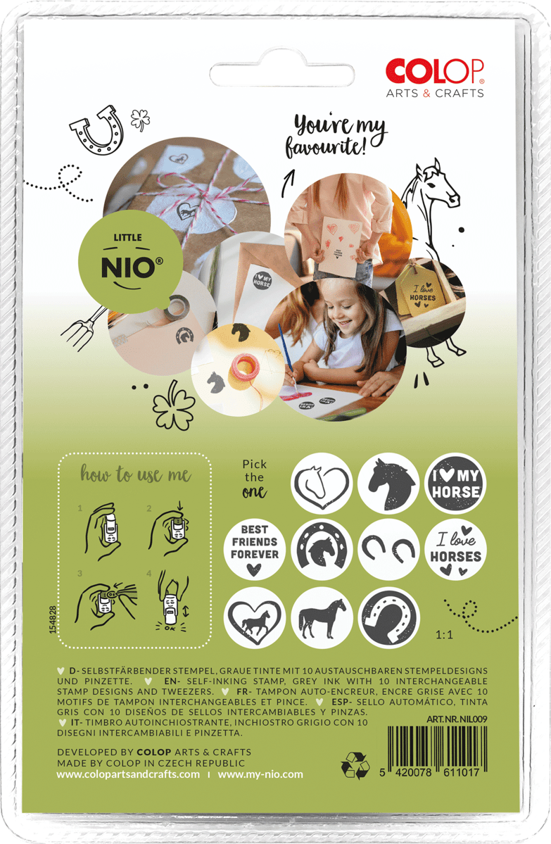 Colop Little NIO – Selbstfärbender Motivstempel, Motiv Pferde – Ø 17 mm – Grau