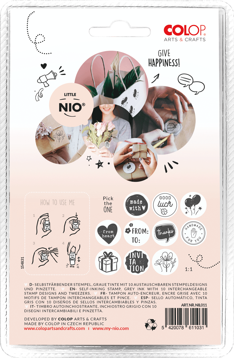 Colop Little NIO – Selbstfärbender Motivstempel, 10 Motive (Englisch), Ø 17 mm – Grau
