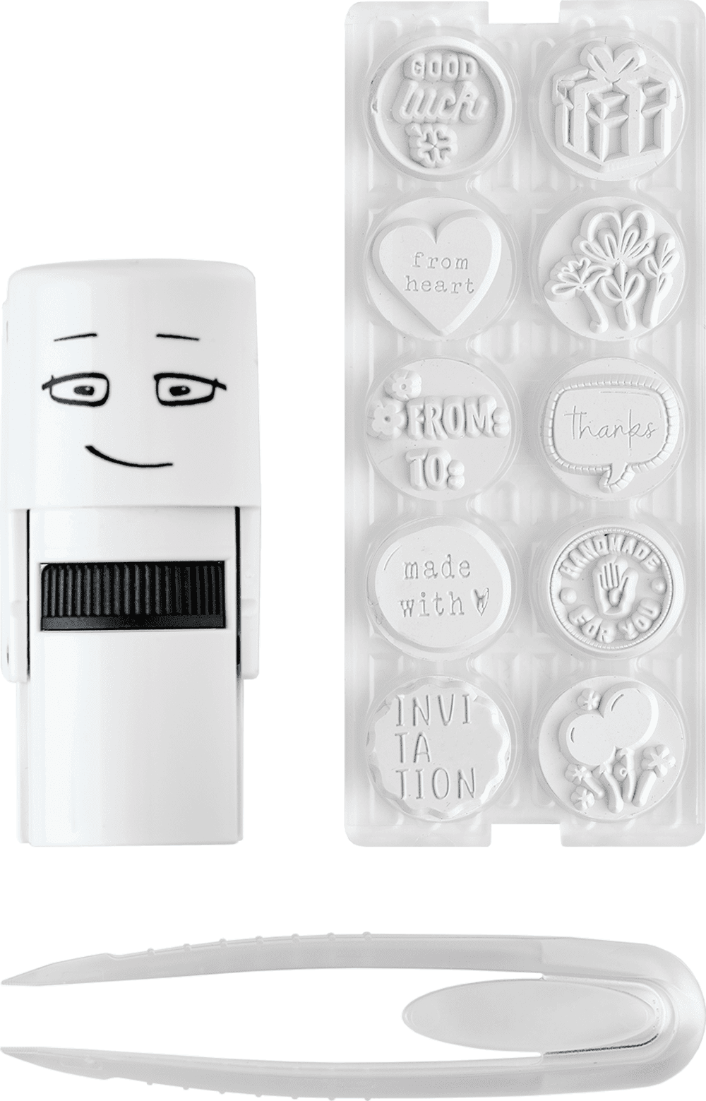 Colop Little NIO – Selbstfärbender Motivstempel, 10 Motive (Englisch), Ø 17 mm – Grau