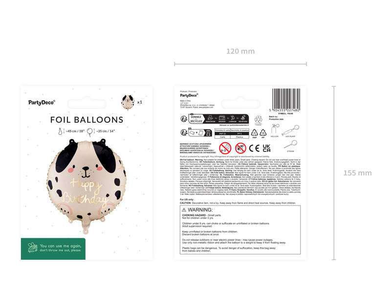 PartyDeco Folienballon Hund – Beige/Braun – 35 × 35 cm – Folie – 1 Stk