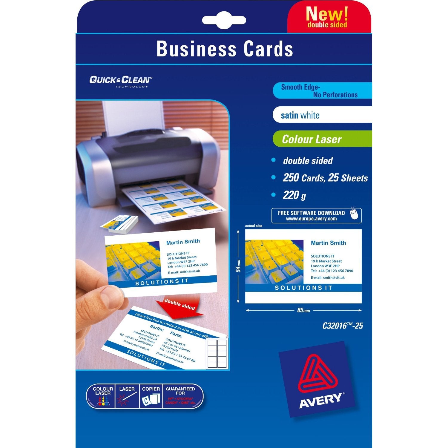 Avery Visitenkarten, 85 × 54 mm – A4, 10 pro Blatt – 250 Karten – FSC-zertifiziert, beidseitig bedruckbar