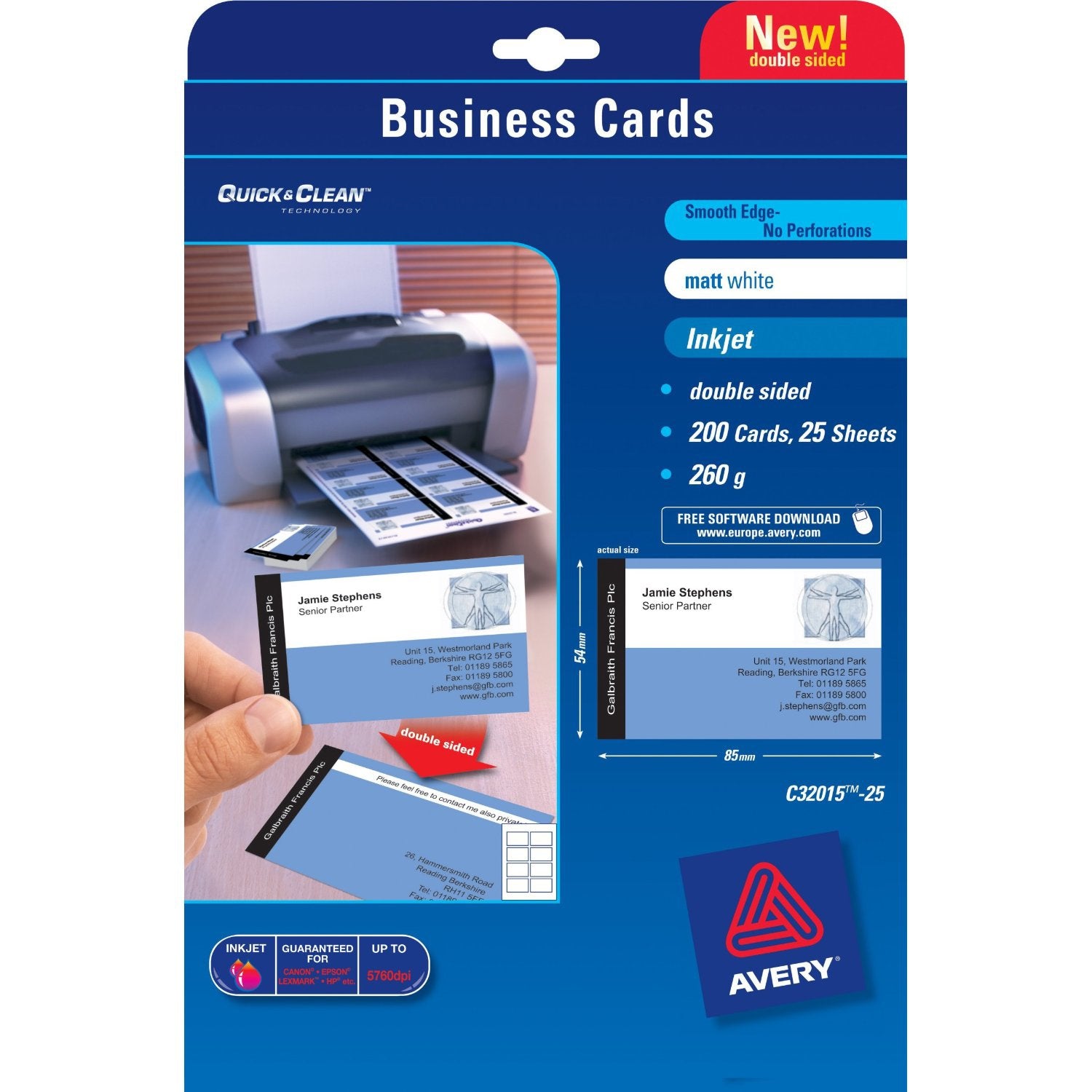 Avery Visitenkarten, 85 × 54 mm – A4, 8 pro Blatt – 200 Karten – FSC-zertifiziert, beidseitig bedruckbar