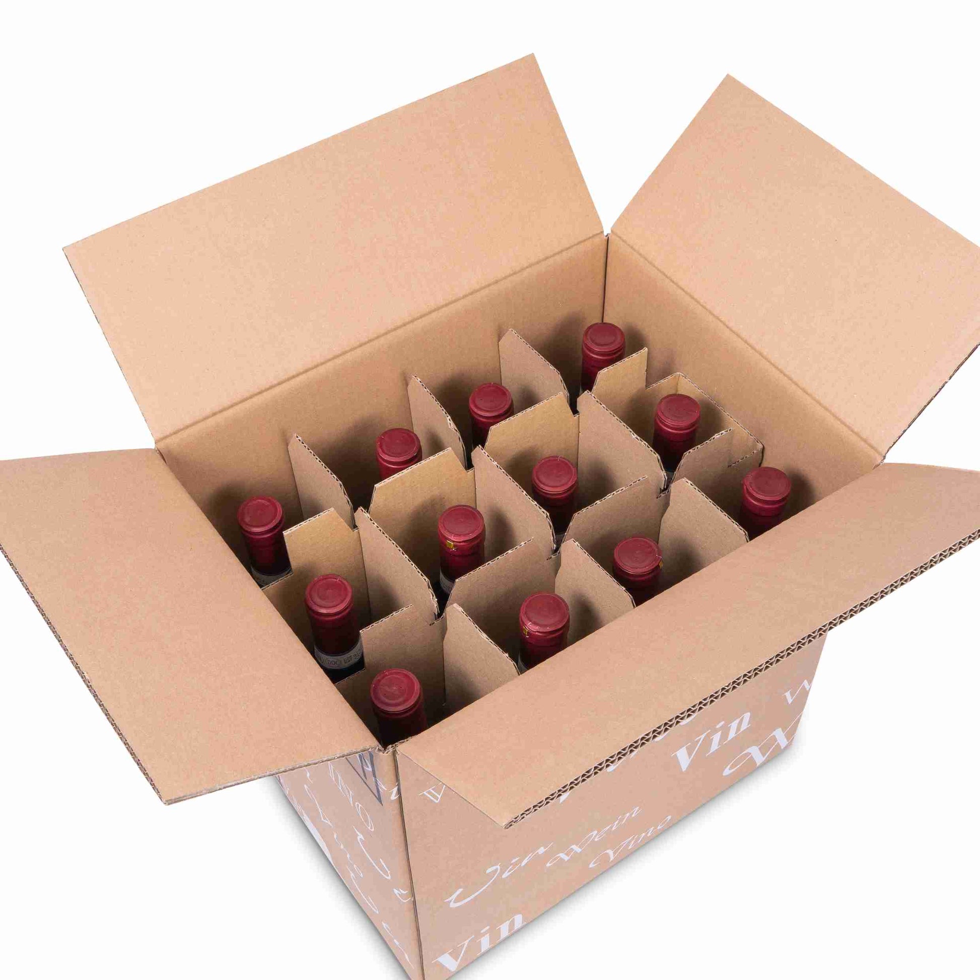 Model Weinversandkarton – für 12 × 0,75 l, max. 327 mm & Ø83 mm – 338 × 252 × 327 mm, braun – 1 Palette (280 Stk.)