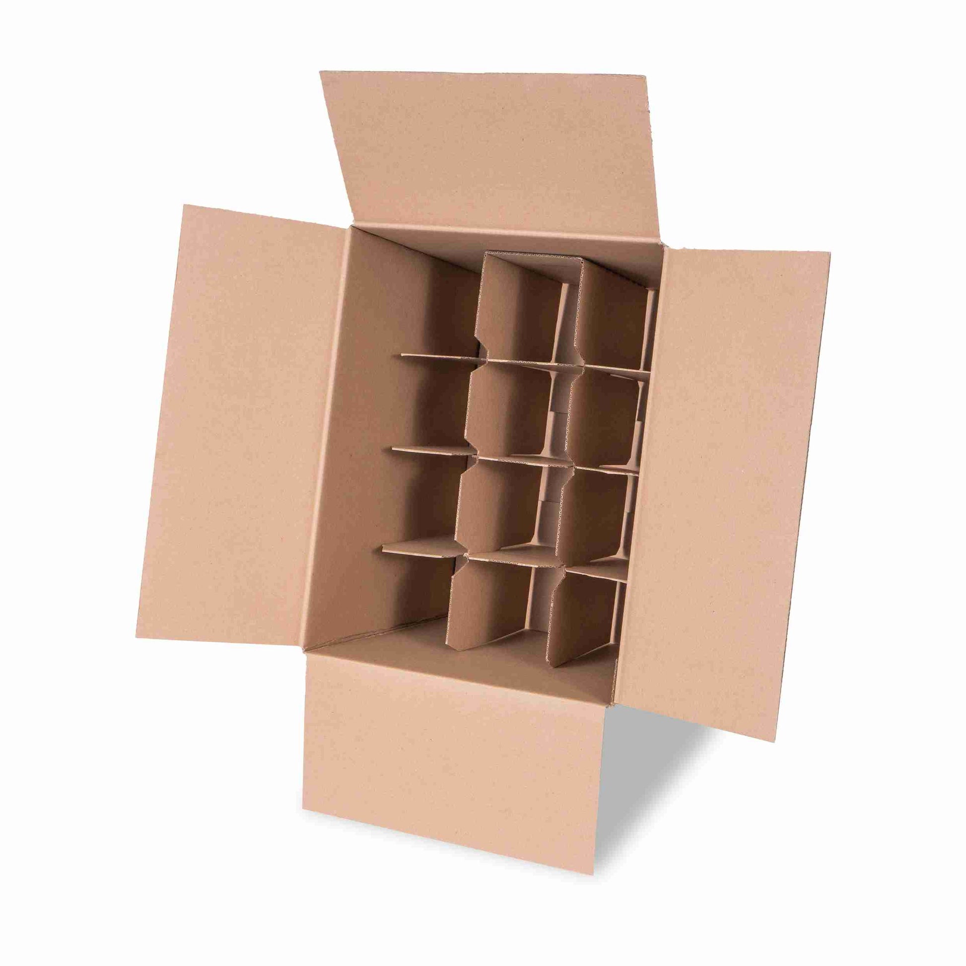 Model Weinversandkarton – für 12 × 0,75 l, max. 292 mm & Ø85 mm – 332 × 248 × 292 mm, braun, mit Gefache – 1 Stk., ab 100 Stk.