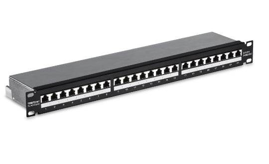 TRENDnet TC-P24C6AS Patchpanel – Cat6A (Klasse EA), 24× RJ-45, geschirmt, 1U, schwarz, für Cat6A, Cat6, Cat5e