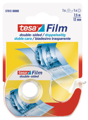 TESA Doppelseitiges Klebeband – mit Abroller – permanent, klar, Kunststoff, 12 mm × 7,5 m, Kern Ø 26 mm