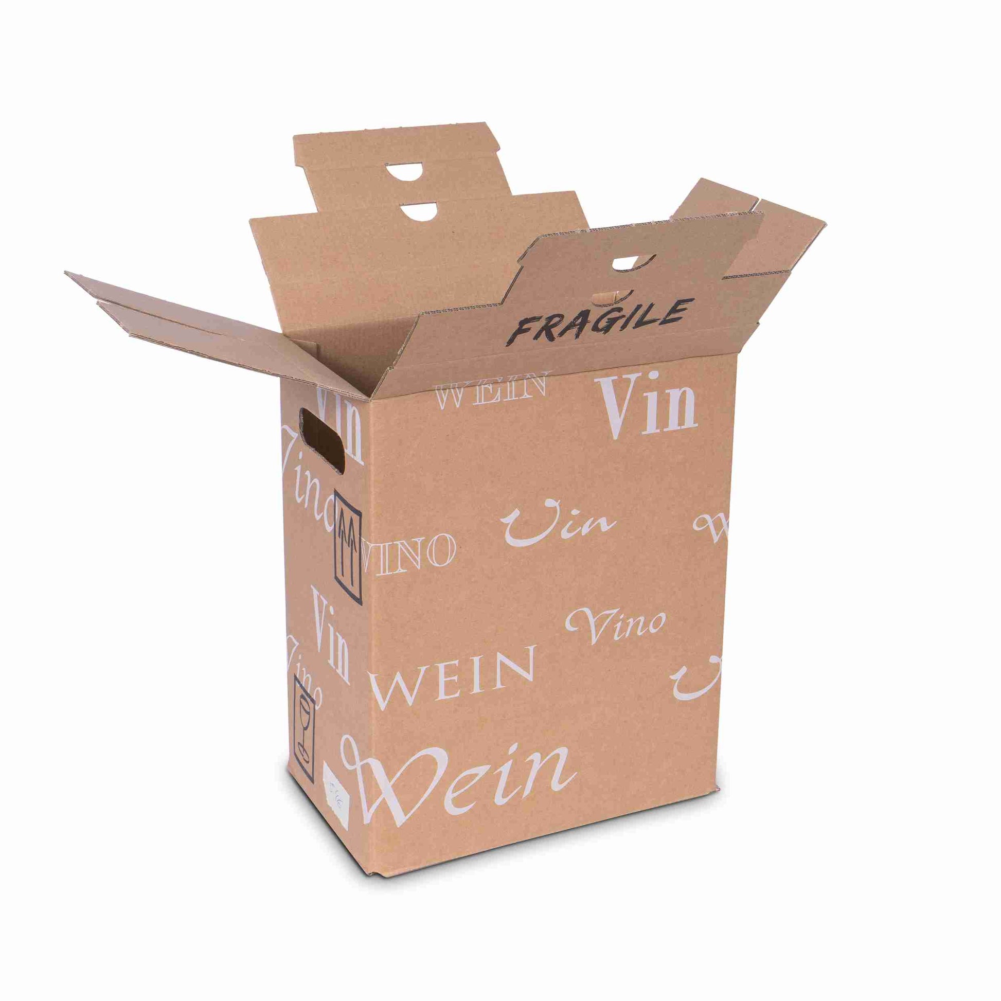 Model Weinversandkarton – für 6 × 0,75 l, max. 330 mm & Ø82 mm – 249 × 167 × 296 mm, braun, höhenverstellbar – 1 Stk., ab 100 Stk.
