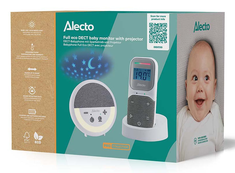 Alecto DBX150 – DECT-Babyphone, 2-Wege-Audio, Nachtlicht, Reichweite 50 m/300 m, Akku 16 h, Hygrometer