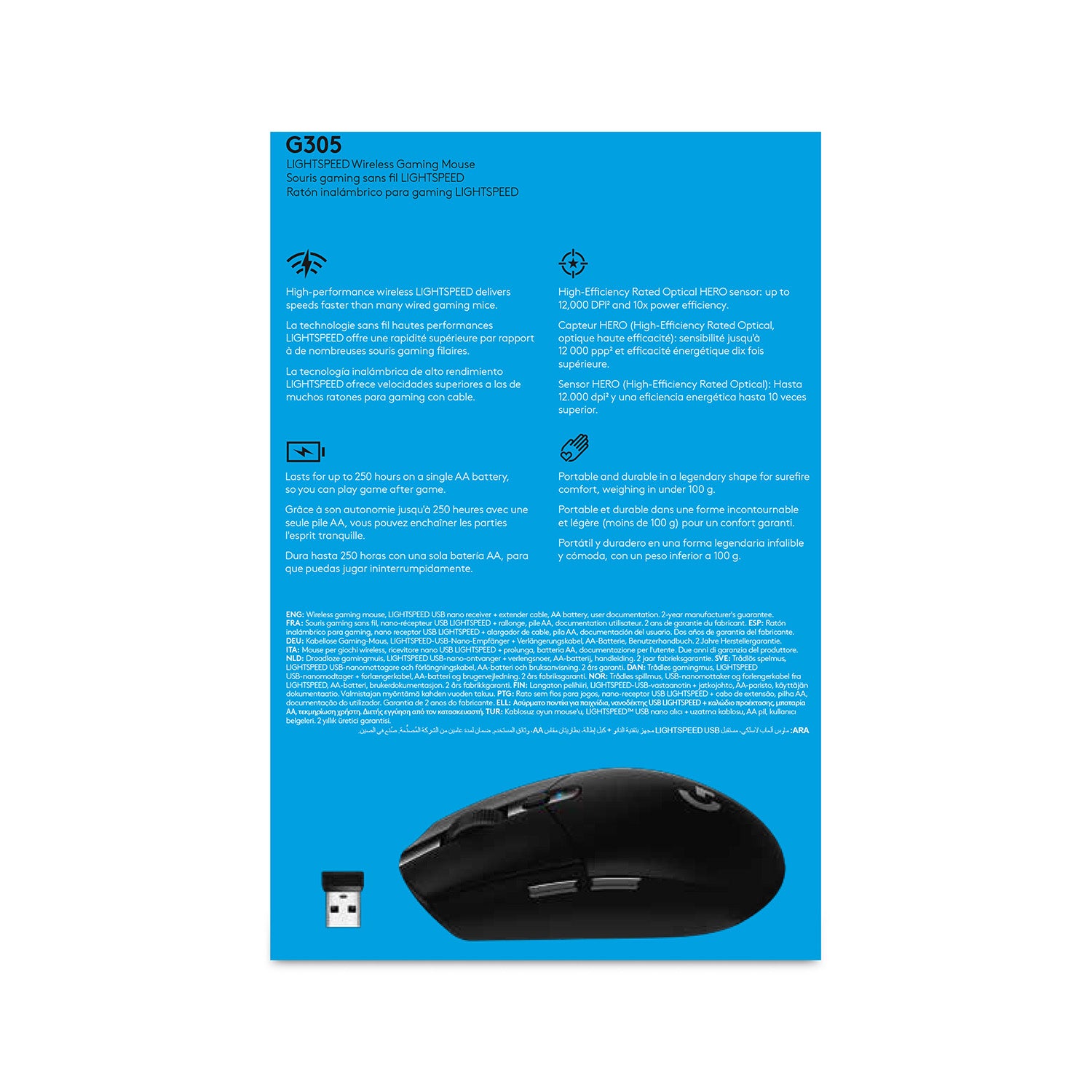 Logitech G G305 Lightspeed – Gaming-Maus – Kabellos (Bluetooth/2,4 GHz), 12000 DPI, RGB-Beleuchtung, rechts