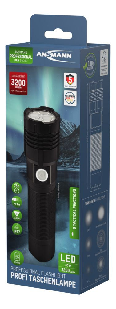 Ansmann Taschenlampe Pro 3000R – 3200 lm, 213 m, IP67, USB, Akku 5100 mAh, 6 Modi – Schwarz