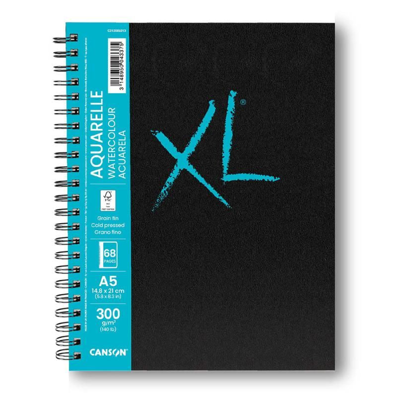 Canson XL Aquarellblock – A4 – 300 g/m² – Spiralbindung – 68 Blatt, Weiss, Feinkörnig