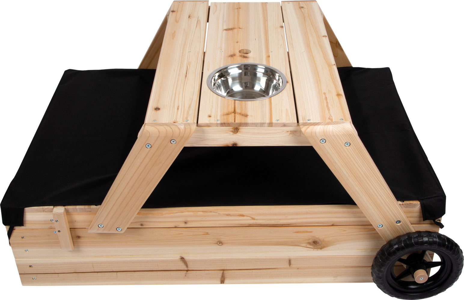 Small foot Sandkasten – mit integrierten Bänken – 176 × 46 × 81 cm – ab 2 J. – Holz, Stoff, Kunststoff