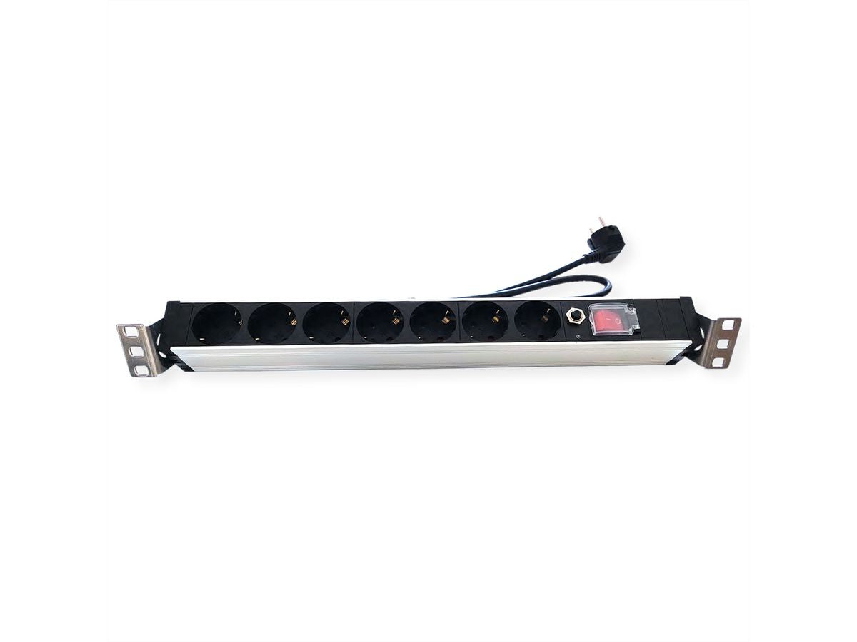 VALUE 19" Steckdosenleiste, 7× Schuko (Typ F), mit Schalter, 1U, 3 m, Stecker CEE 7/7