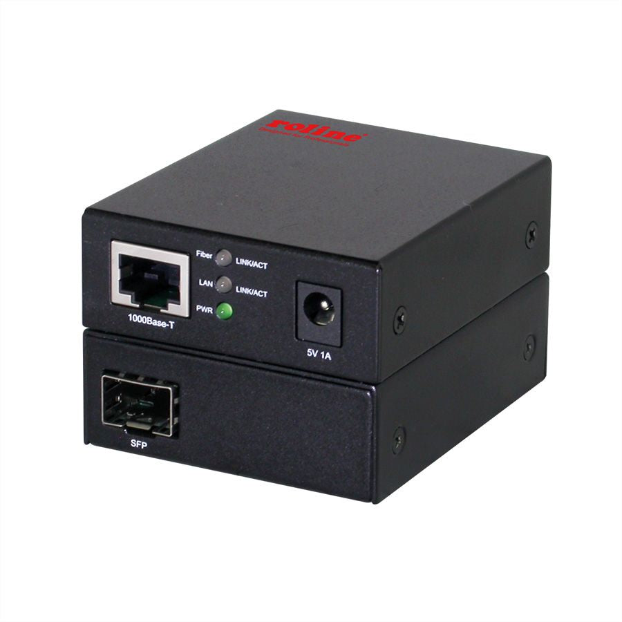 ROLINE Medienkonverter RJ-45 zu SFP – 10/100/1000 Mbit/s zu 1 Gbit/s, Jumbo Frames, 5 V DC, Schwarz