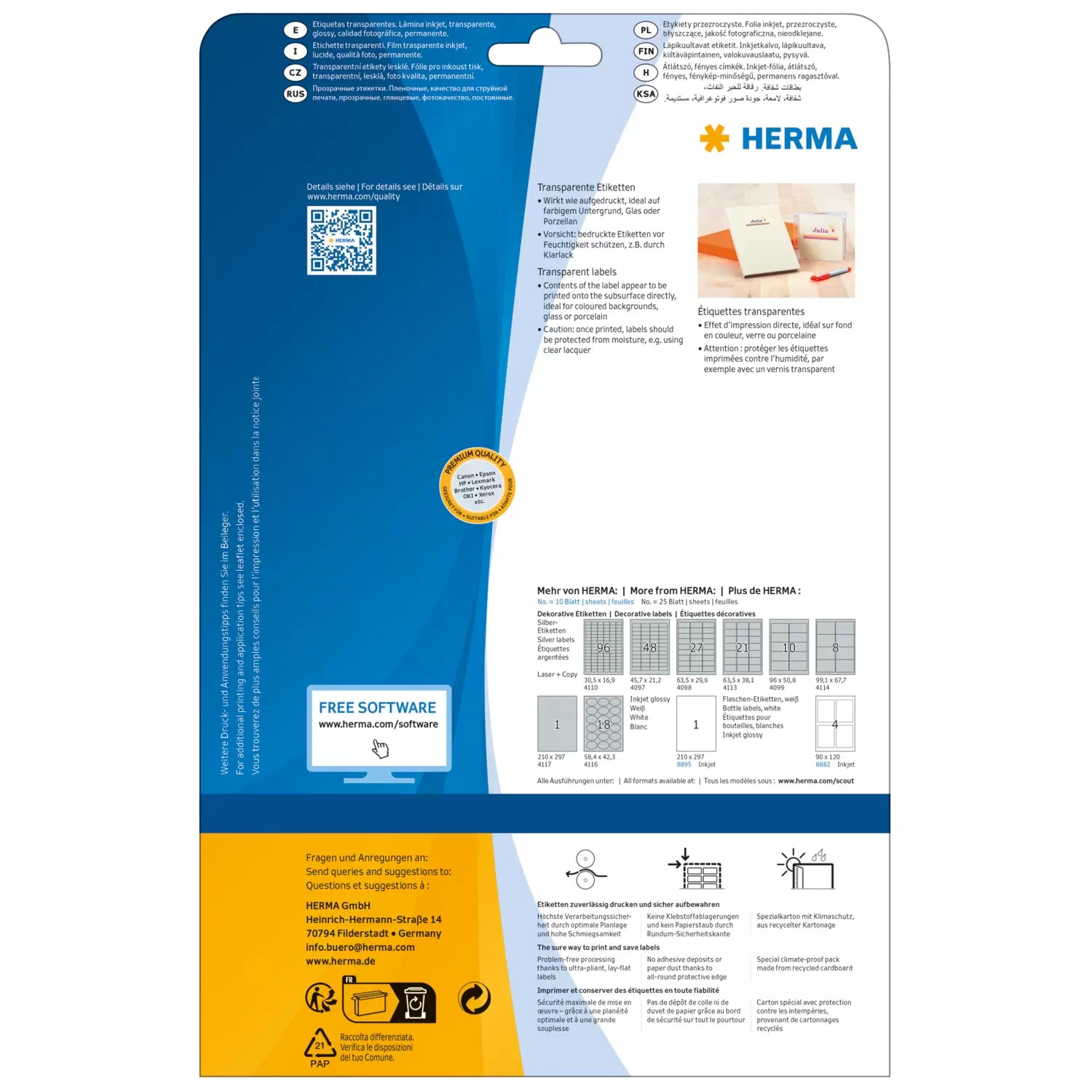 HERMA Inkjet-Etiketten, 210 mm × 297 mm, transparent, Folie, permanent, 10 Blatt