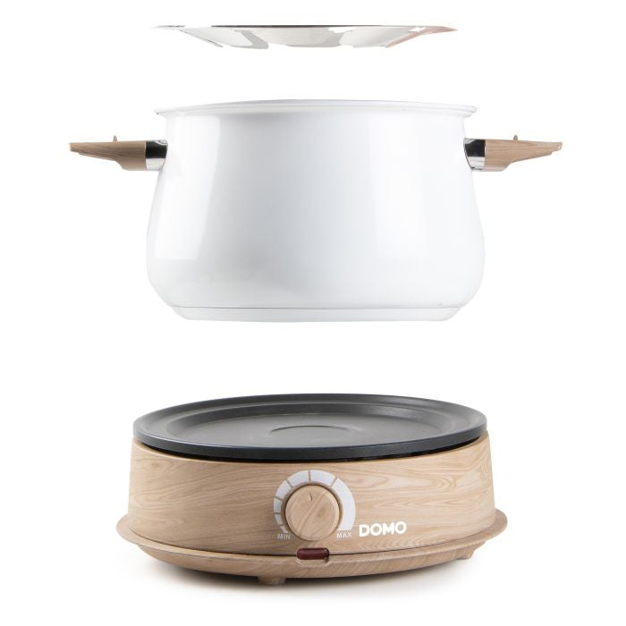 Domo Fondue-Set DO736F – Edelstahl, 2 l, 8 Gabeln, elektrisch – weiss/Holz