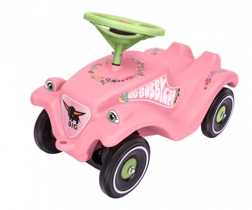 BIG Bobby-Car Classic Flower Aufsitzauto – 38 × 30 × 58 cm – 50 kg Belastbarkeit – ab 1 Jahr – rosa/grün