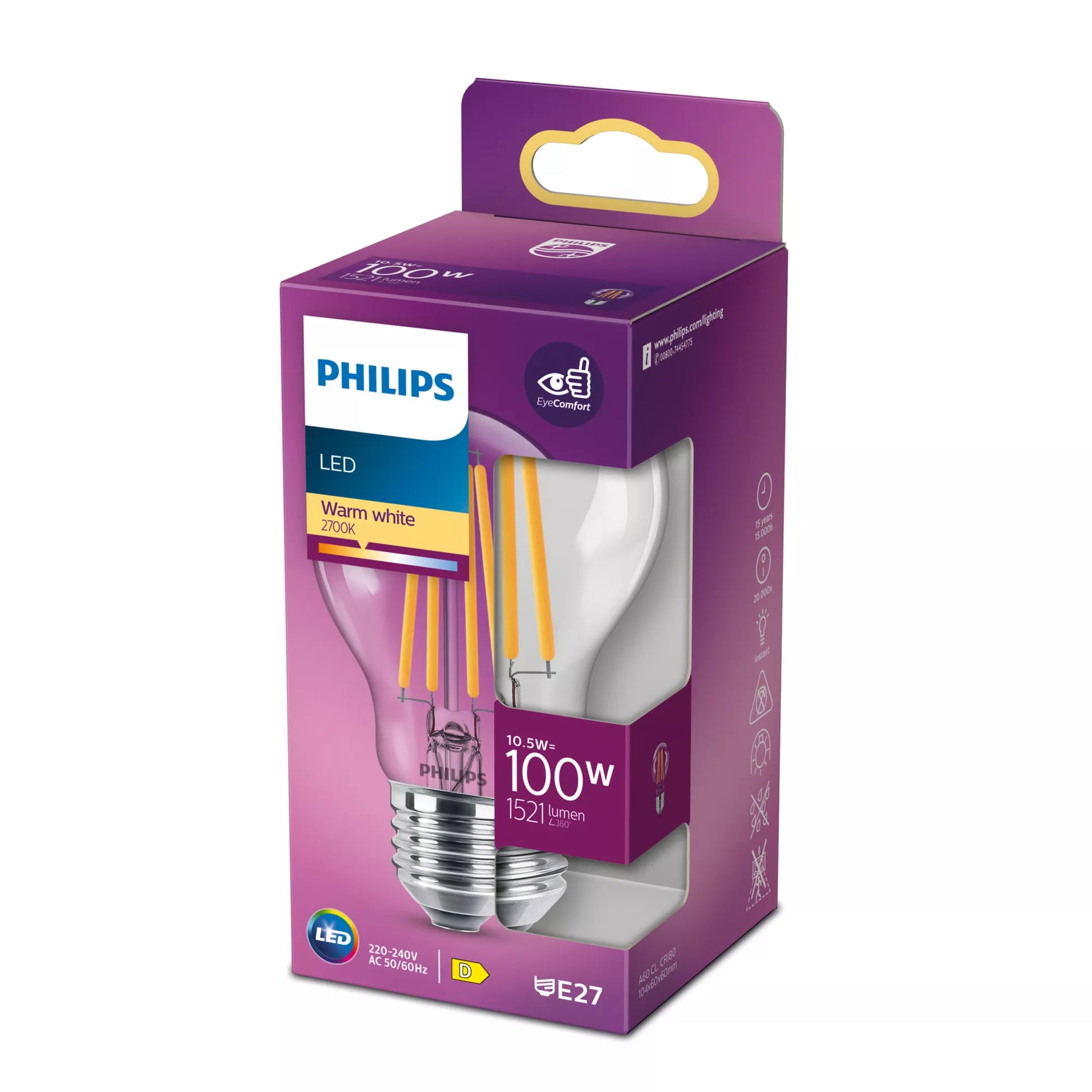 Philips by Signify Philips LED-Leuchtmittel E27 A60 – Warmweiss 2700 K, 1521 lm, 10,5 W – 1 Stk. – Transparent, Glas