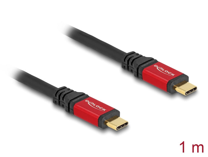 DeLOCK USB-C auf USB-C Kabel – USB 2.0 (480 Mbit/s) – 1 m – PD 100 W – E-Marker, Goldstecker – Schwarz/Rot
