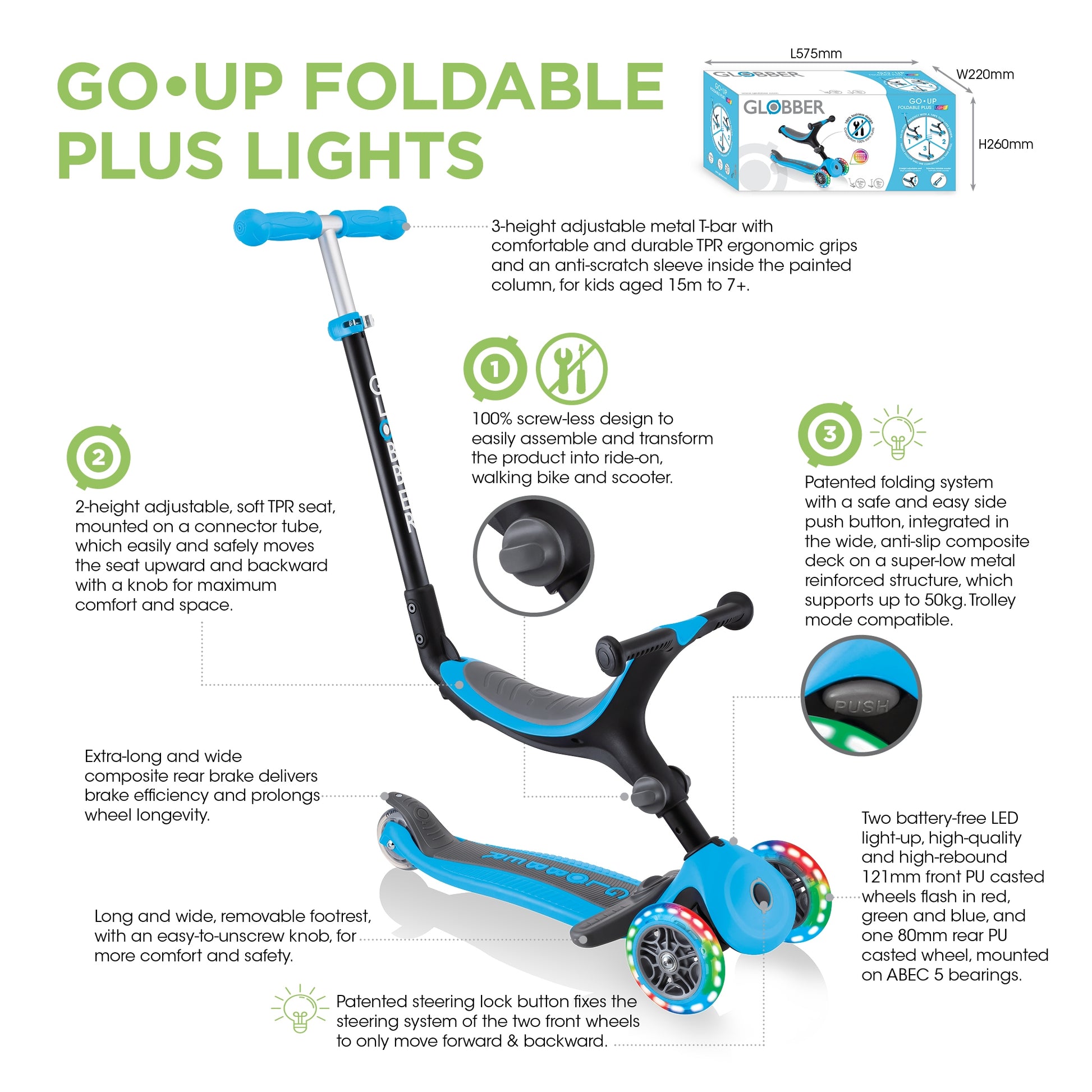 Globber GO UP Foldable Plus Lights Dreiradroller – faltbar, höhenverstellbar – hellblau – ab 1,2 J. – 50 kg