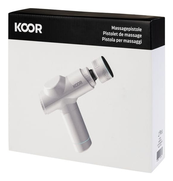 KOOR Massagepistole – Perkussionsmassage, 5 Stufen, mit Wärmefunktion – Weiss, 5 Köpfe – USB, 8 h Laufzeit