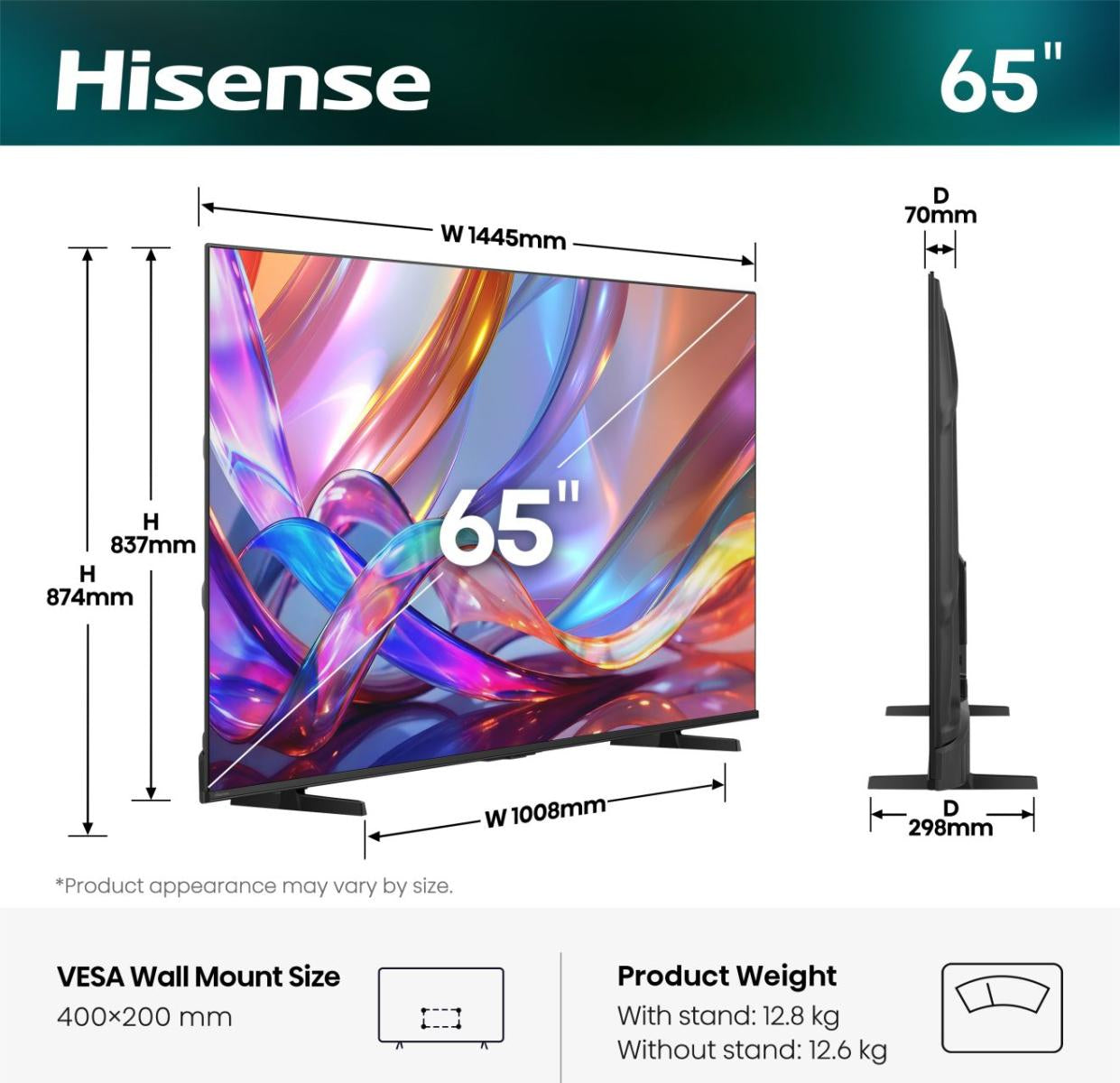 Hisense 65E7S – 65" TV – 4K UHD – QLED – VIDAA U9.5 – 60 Hz – 350 cd/m² – Dolby Vision