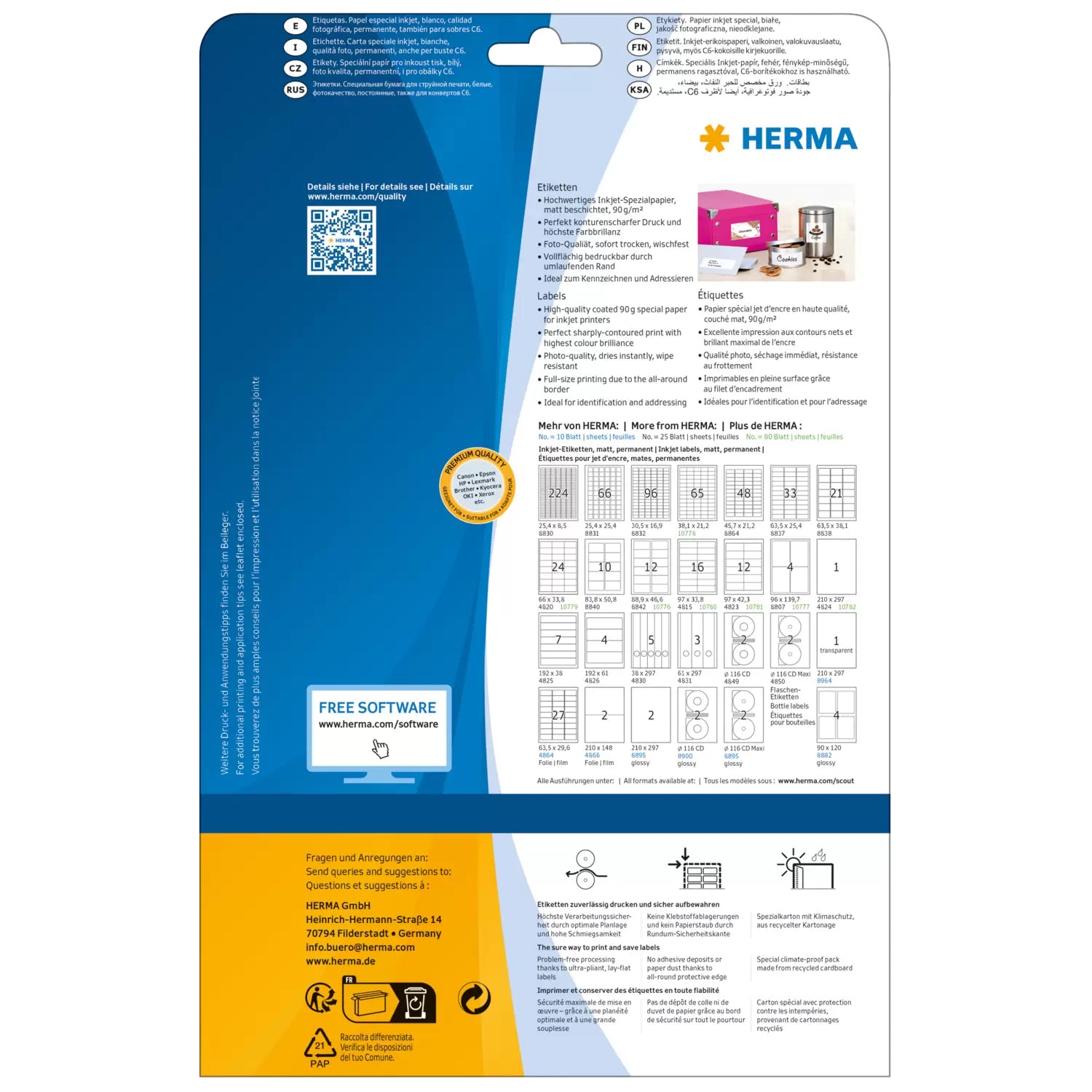 HERMA Adressetiketten, 84 mm × 51 mm, weiss, Papier, permanent, 25 Blatt (250 Etiketten)