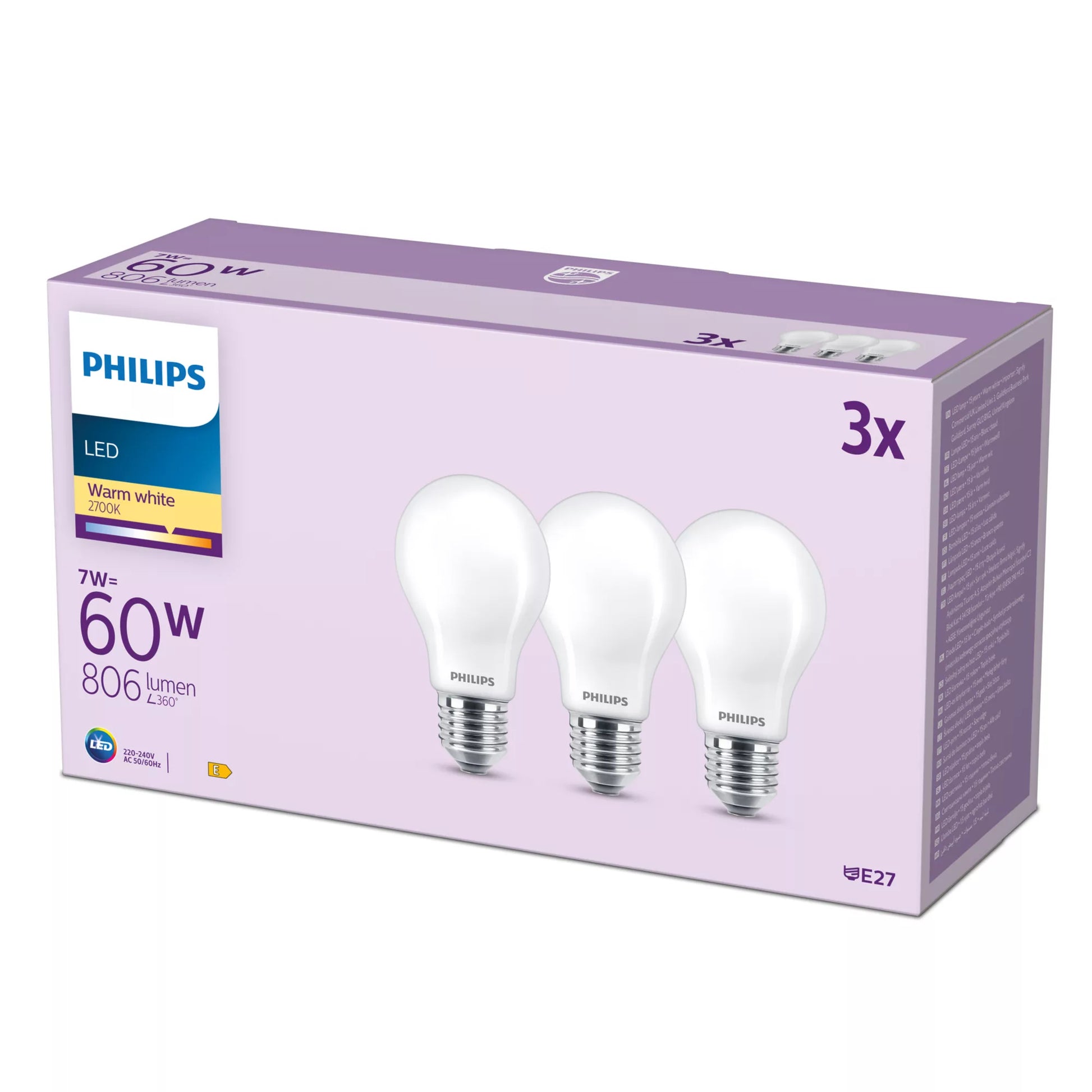 Philips by Signify Philips LED-Leuchtmittel E27 A-Form – Warmweiss 2700 K, 806 lm, 7 W – 3 Stk. – Weiss, Glas