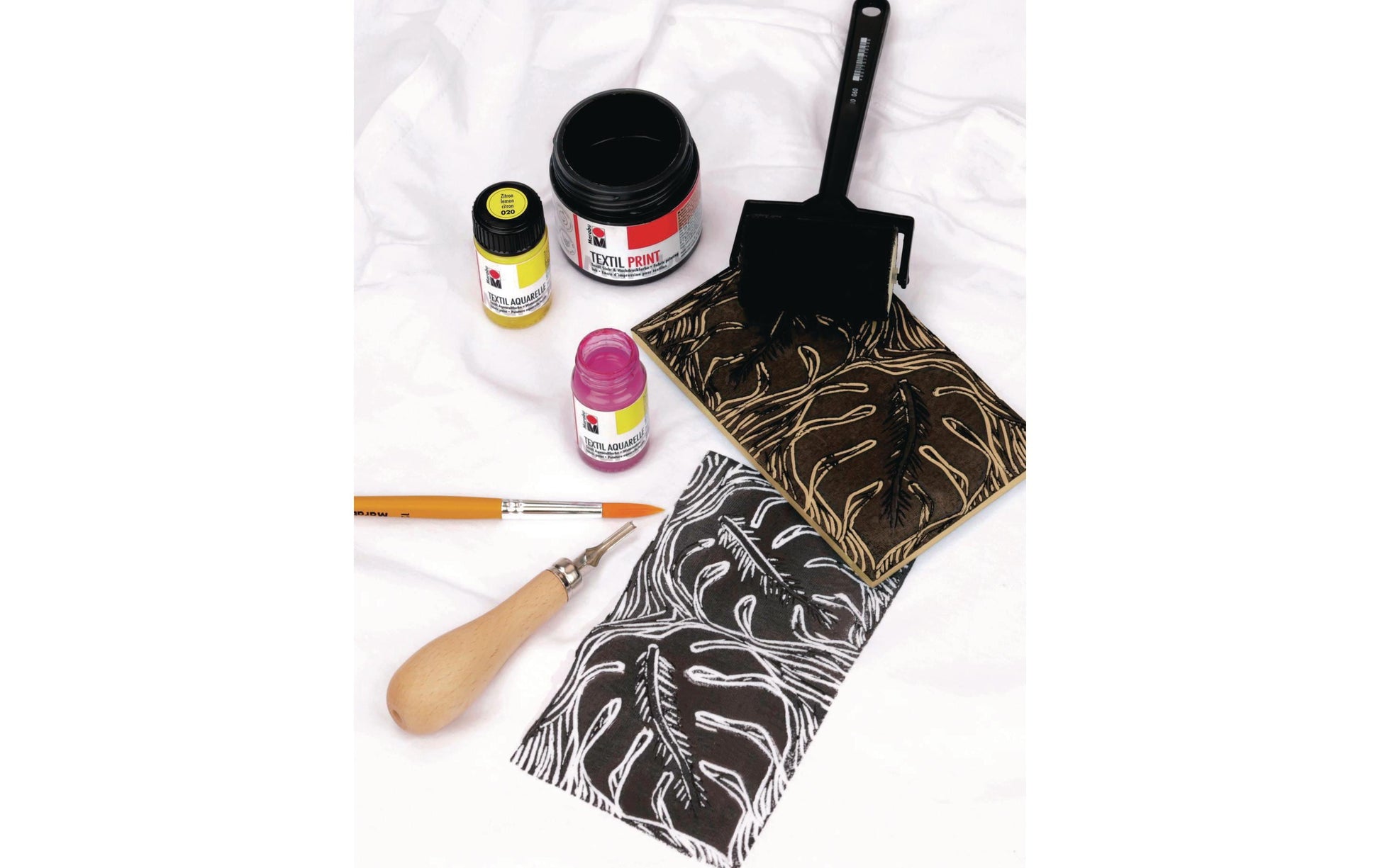 Marabu Soft Linol Print & Colouring – Textil-Transfer-Set – 1 × 100 ml + 2 × 15 ml – Softdruckplatte A5
