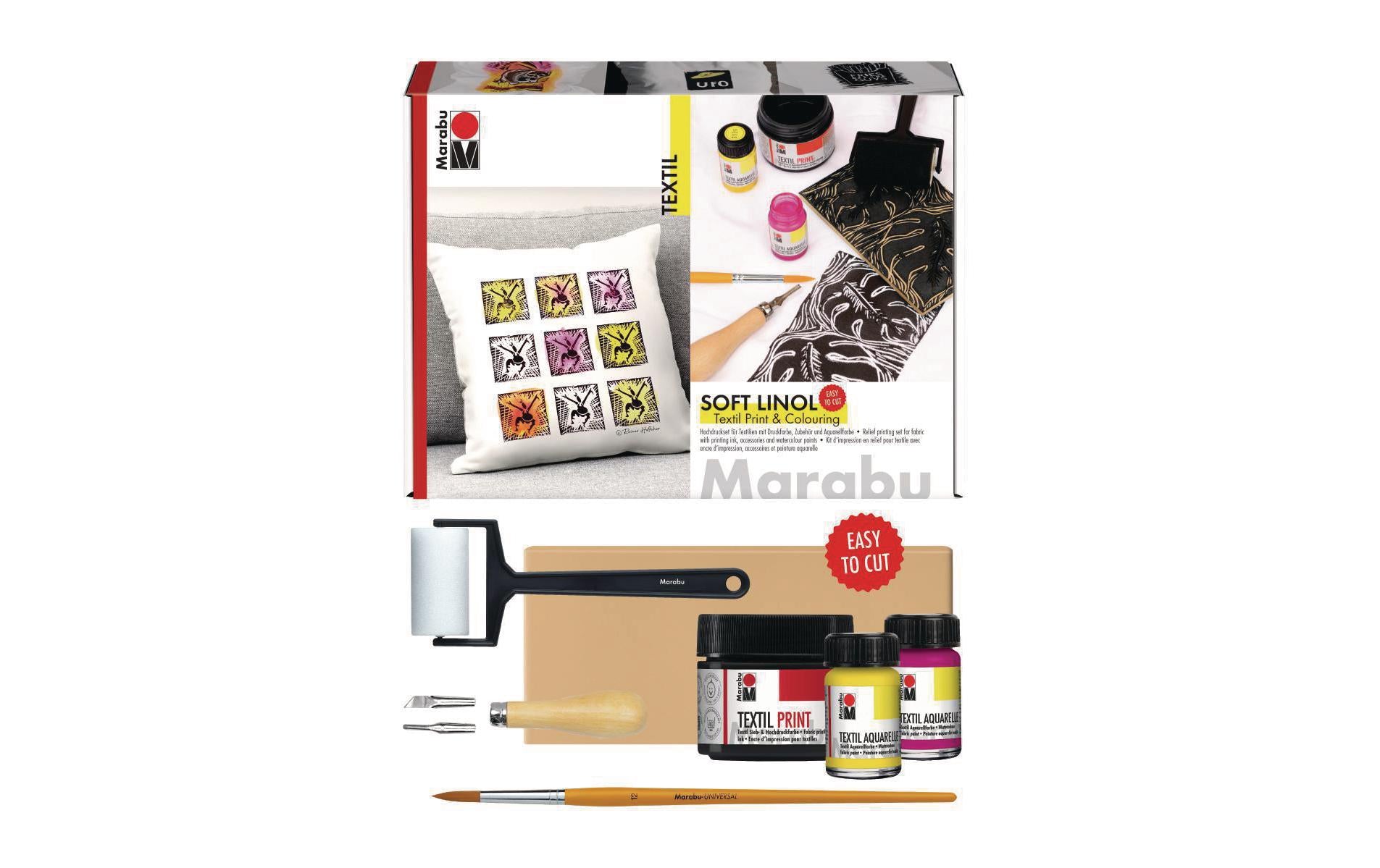 Marabu Soft Linol Print & Colouring – Textil-Transfer-Set – 1 × 100 ml + 2 × 15 ml – Softdruckplatte A5