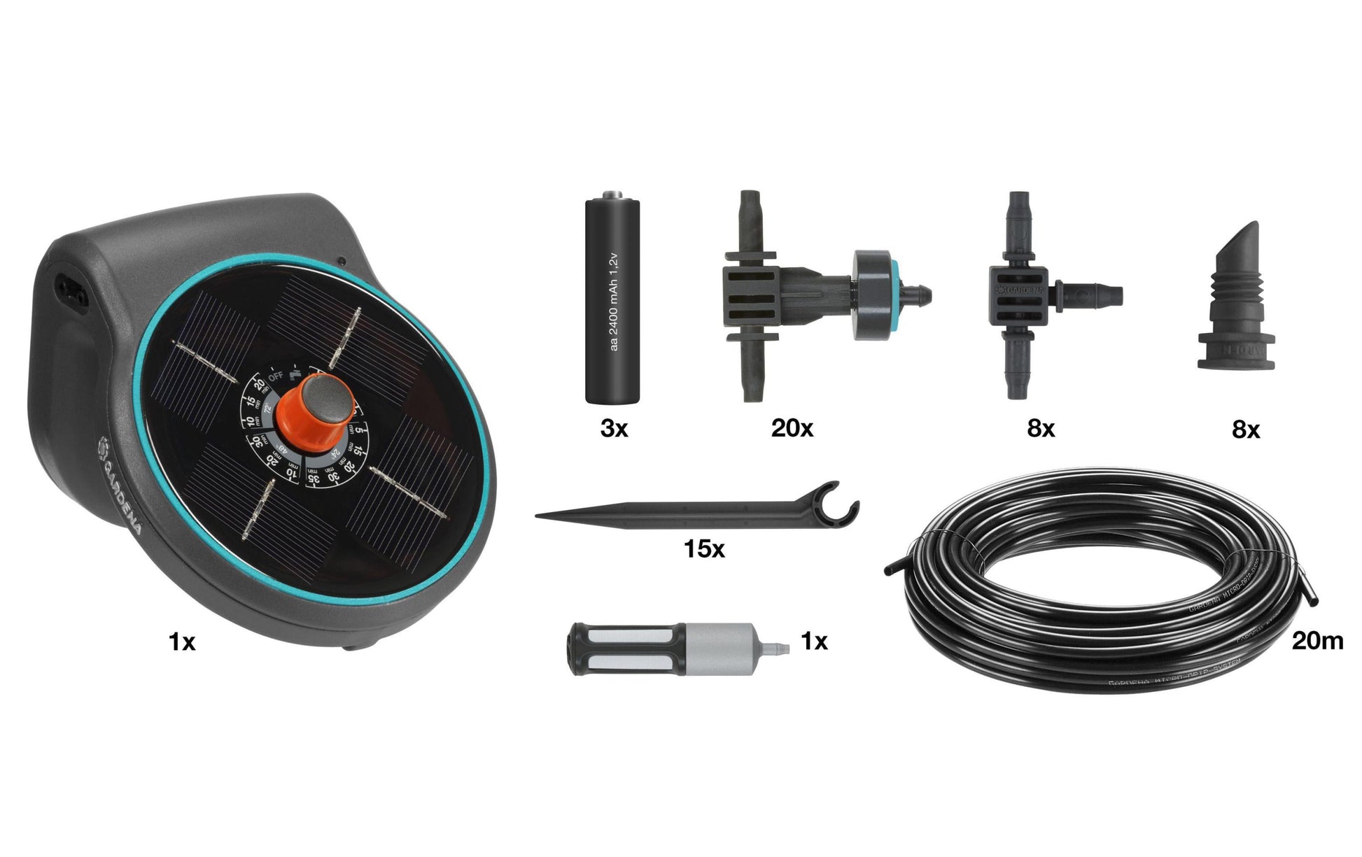 Gardena aquaBloom Solar-Bewässerungs-Set – 28 Tropfer, 15 Schlaucheinsätze, Druckregler, Solar-/Akkubetrieb