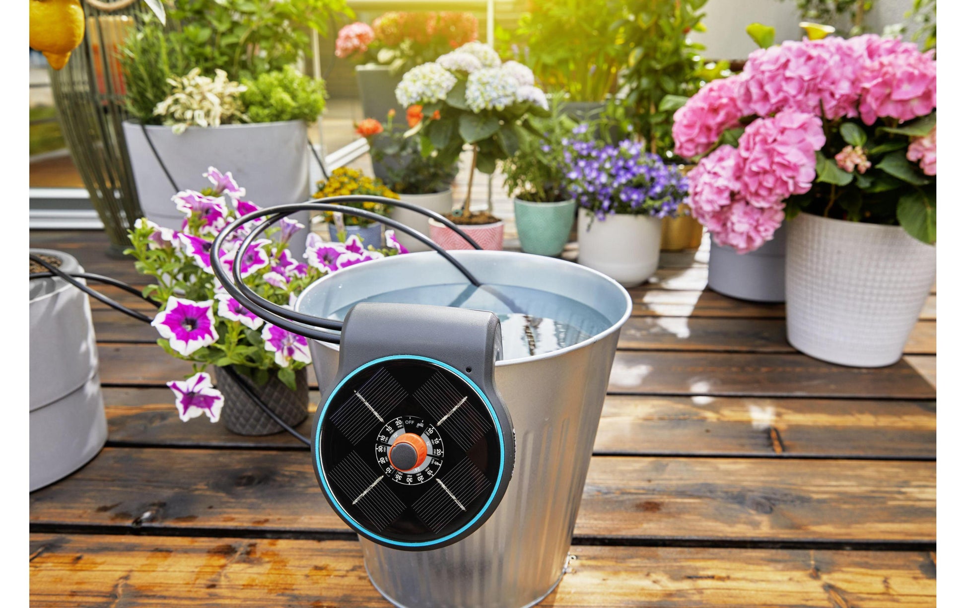 Gardena aquaBloom Solar-Bewässerungs-Set – 28 Tropfer, 15 Schlaucheinsätze, Druckregler, Solar-/Akkubetrieb