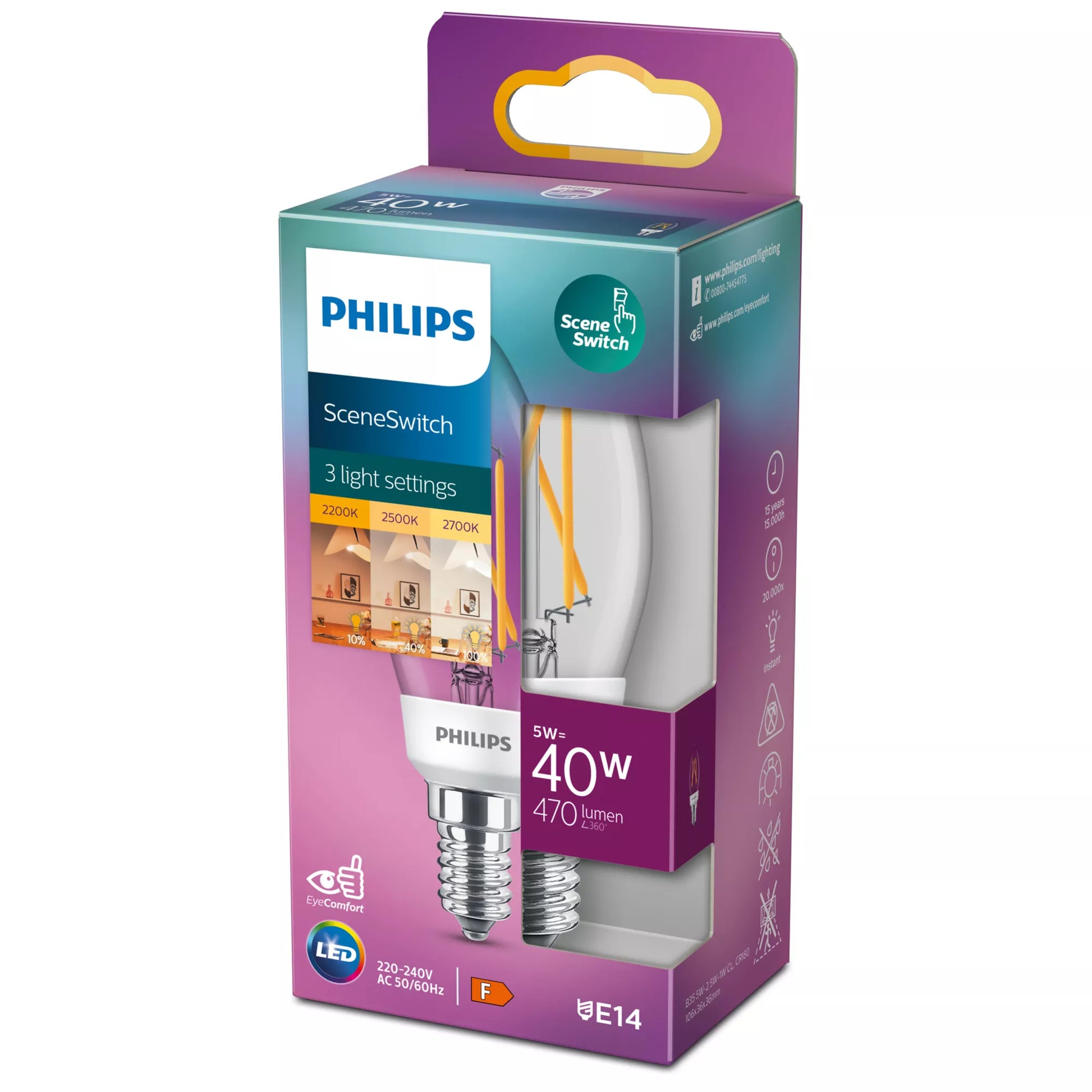 Philips by Signify Philips LED-Leuchtmittel E14 Kerze – Warmweiss 2700 K, 470 lm, 5 W – 1 Stk. – Glas, klar