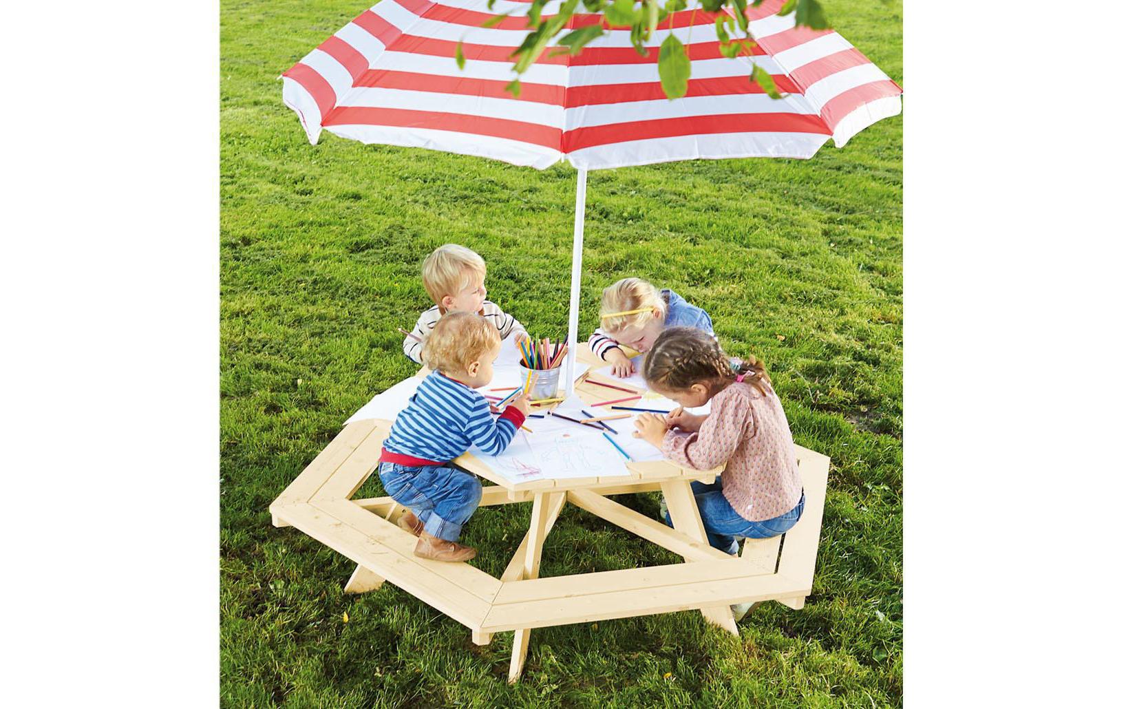 Pinolino Kinderträume Bistro-Set mit 6 Stühlen – hellbraun – Holz – Tisch 162 × 162 × 50 cm – für den Innenbereich