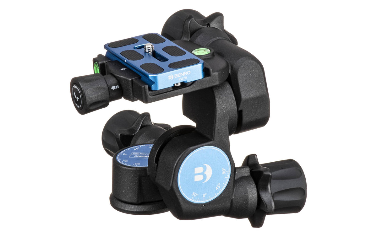 Benro GD3WH Getriebeneiger – 3-Wege-Stativkopf, 3/8" Anschluss, Traglast 6 kg – Schwarz/Blau