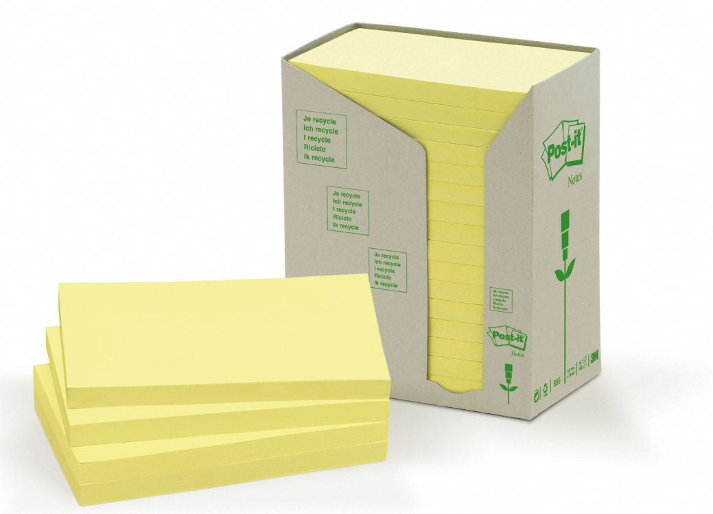 Post-it Haftnotizen – 127 × 76 mm – gelb, 100 Blatt/Block, 16er-Pack, 100% recycelt