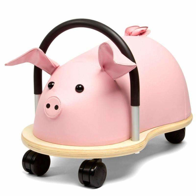 Wheely Bug Plüschtier Schweinchen – 4 Räder, 25 kg max. – 23 × 21 × 40 cm – ab 1 Jahr – schwarz/rosa/holzfarben