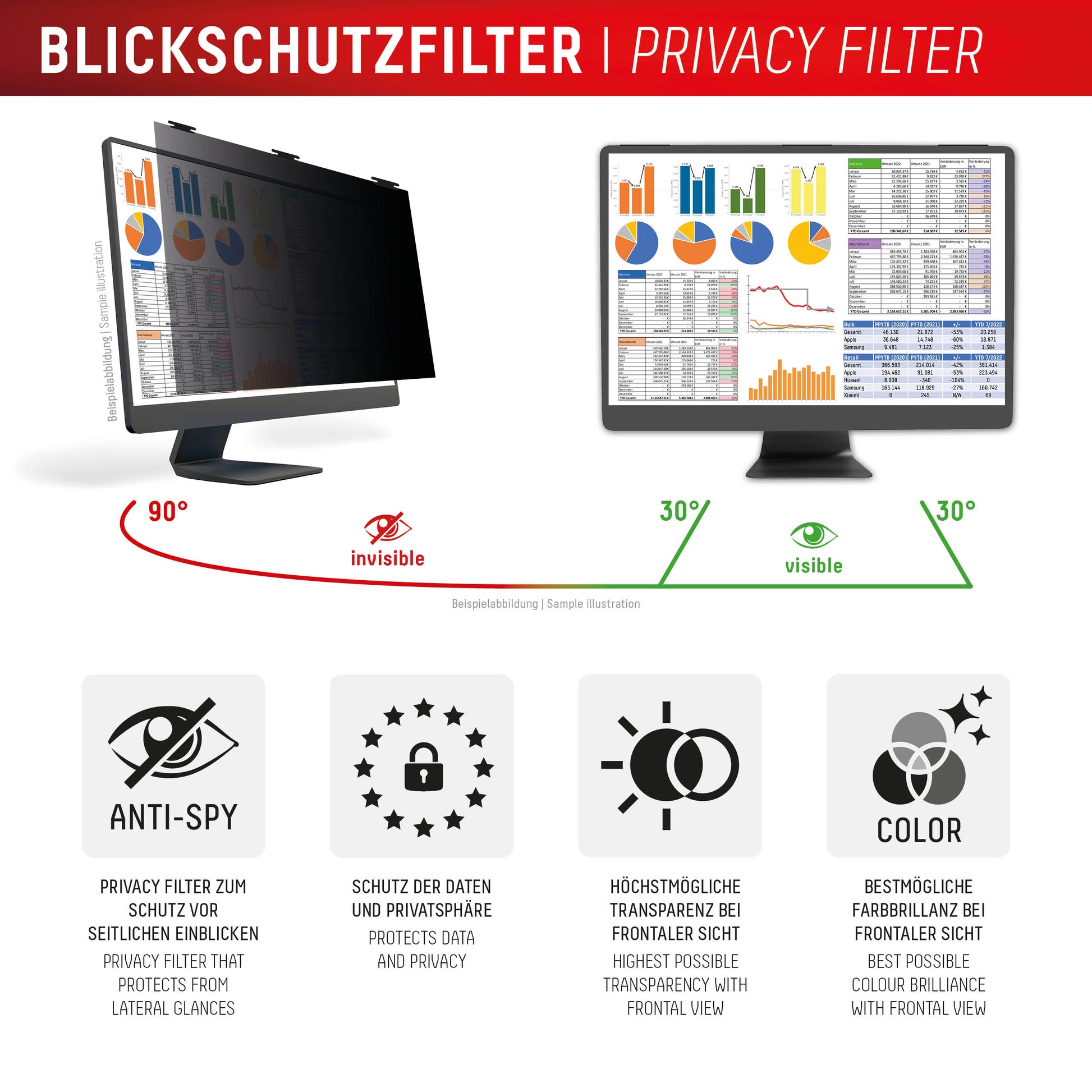 Displex Magnetischer Blickschutzfilter für Monitor 22,0", 16:10 – 483 × 303 mm, 2-Wege