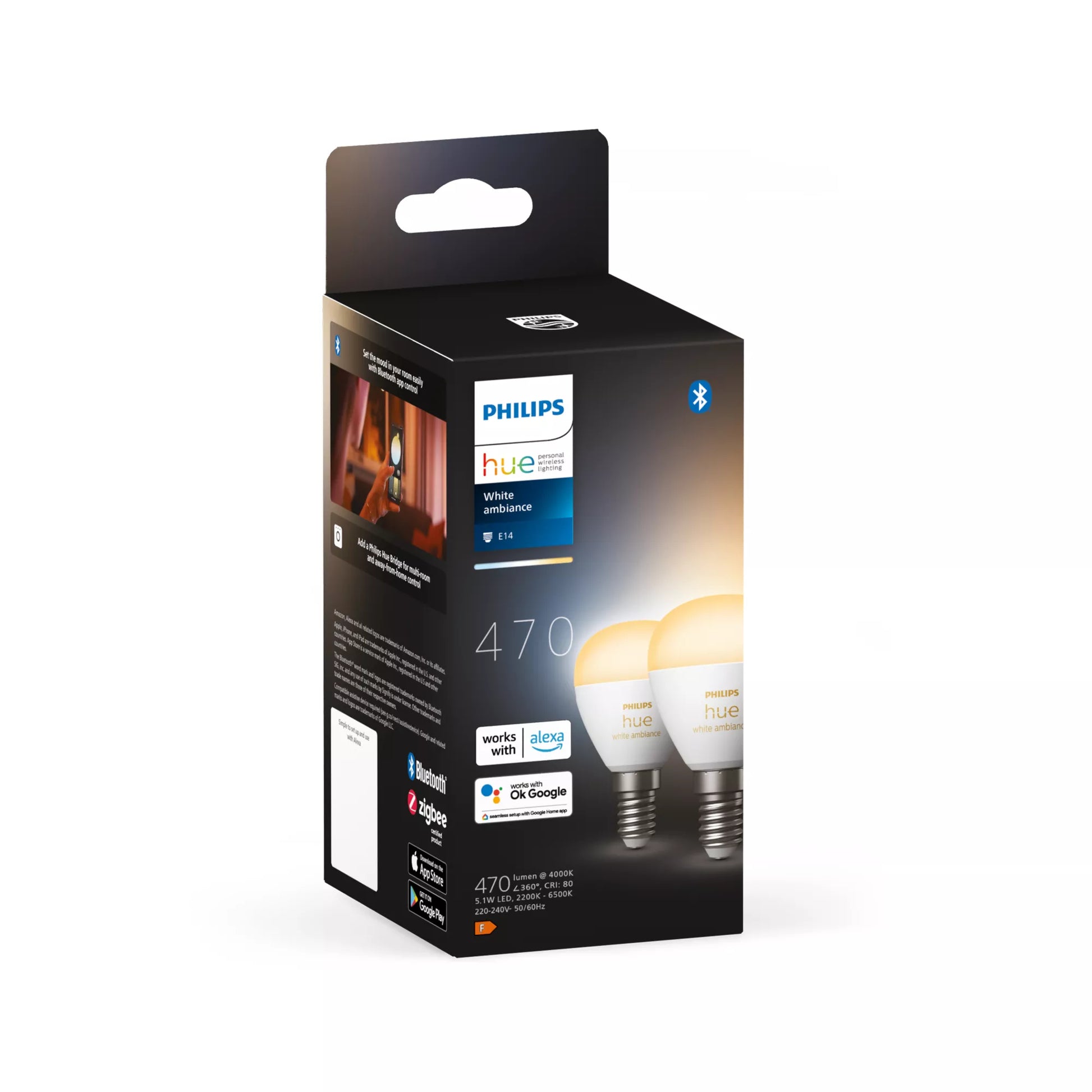 Philips by Signify Philips Hue Smart-Leuchtmittel E14 White Ambiance – 470 lm, 2200–6500 K, App-Steuerung, dimmbar – 2er-Pack