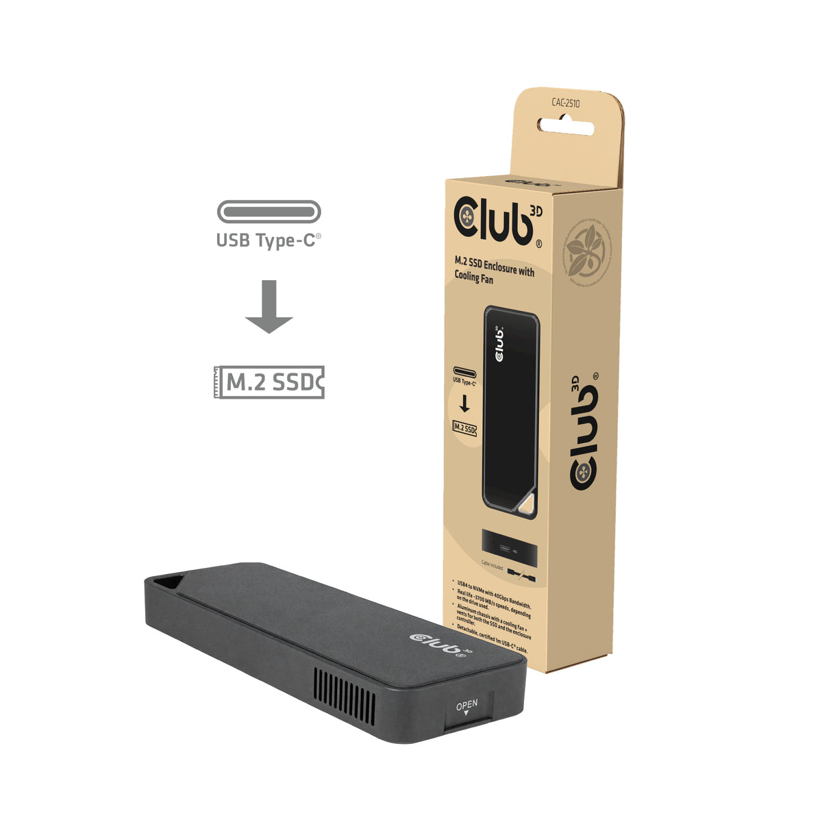 CLUB3D Club 3D CAC-2510 – 1-Bay M.2 SSD-Gehäuse – USB4 40 Gbit/s, für M.2 NVMe (PCIe)