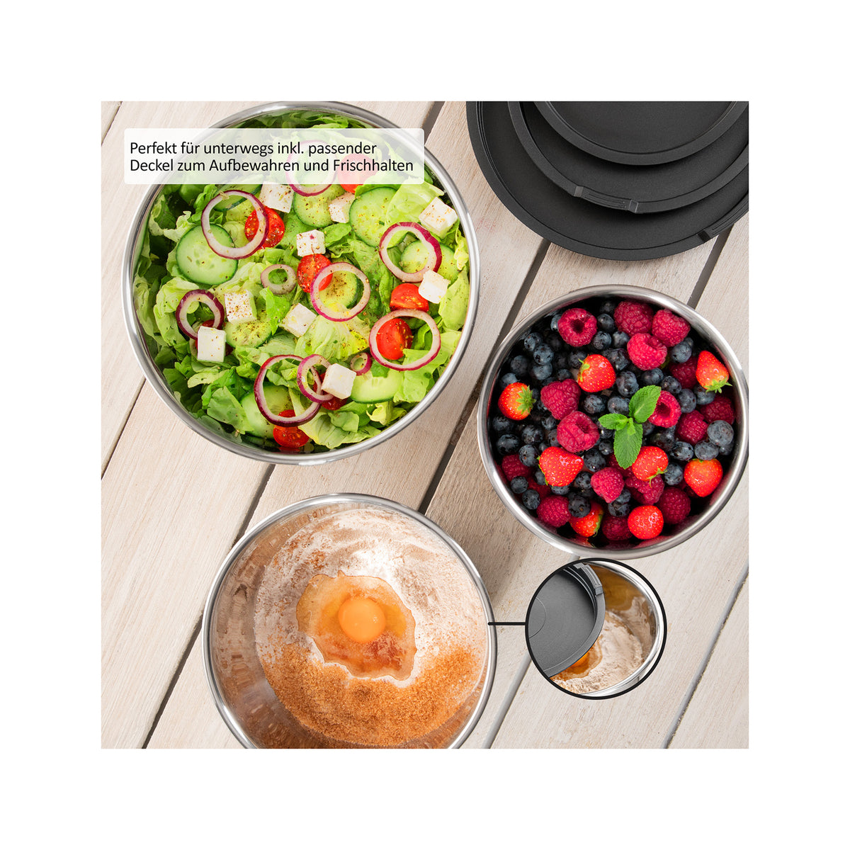 Genius Schüsseln – 3er Set, 1,6 l/2,2 l/3,7 l, Ø 16/18/22 cm, Edelstahl, Schwarz, mit Deckel