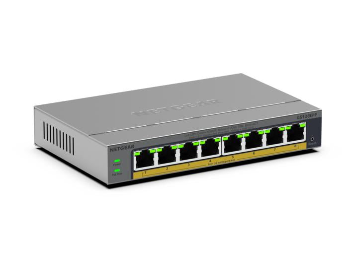 NETGEAR GS108EP – Unmanaged Switch – 5× 1G, 4× PoE+, PoE-Budget 123 W, Desktop