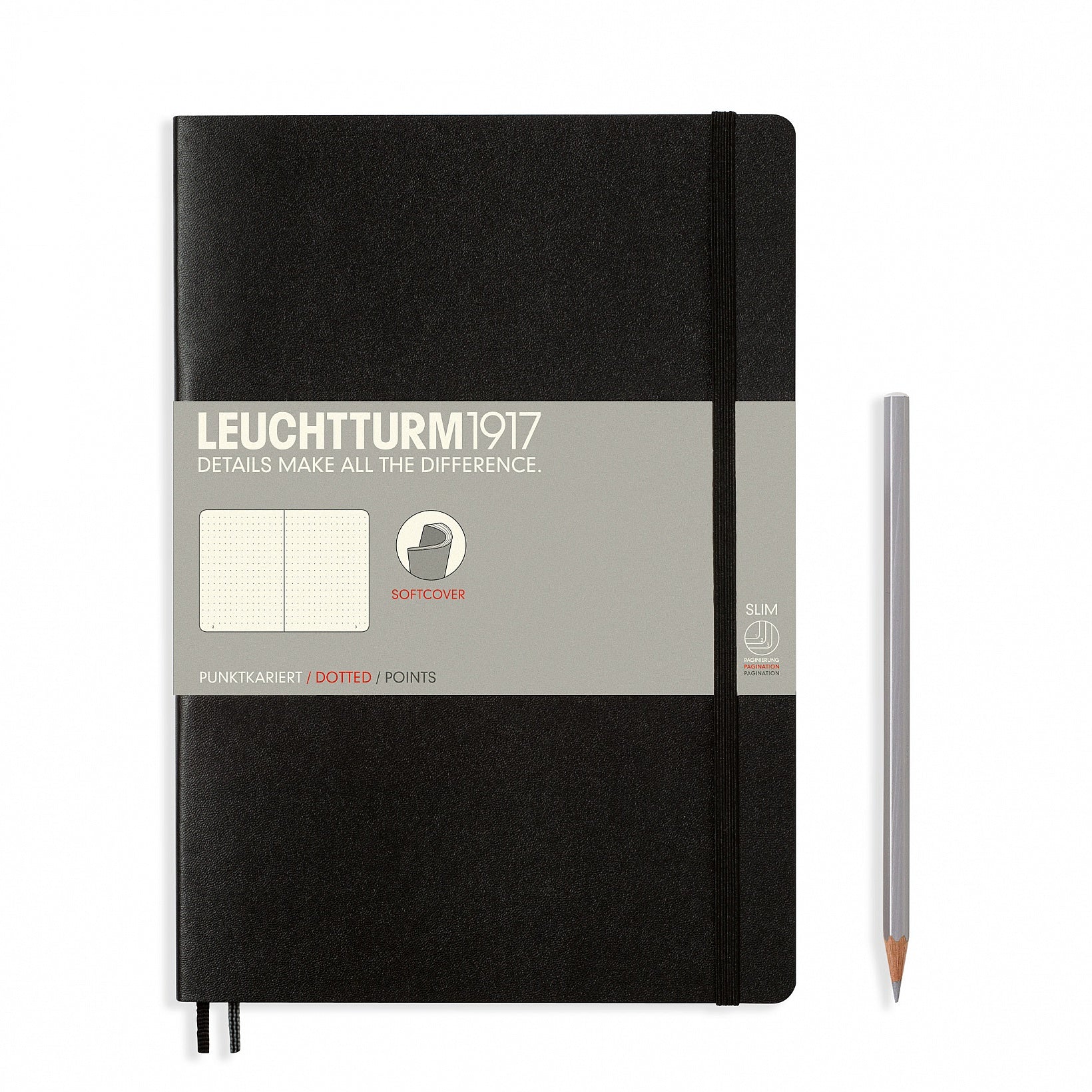 Leuchtturm Notizbuch – B5 – 121 Seiten – 80 g/m² – Softcover, Gummiband, abgerundete Ecken, schwarz