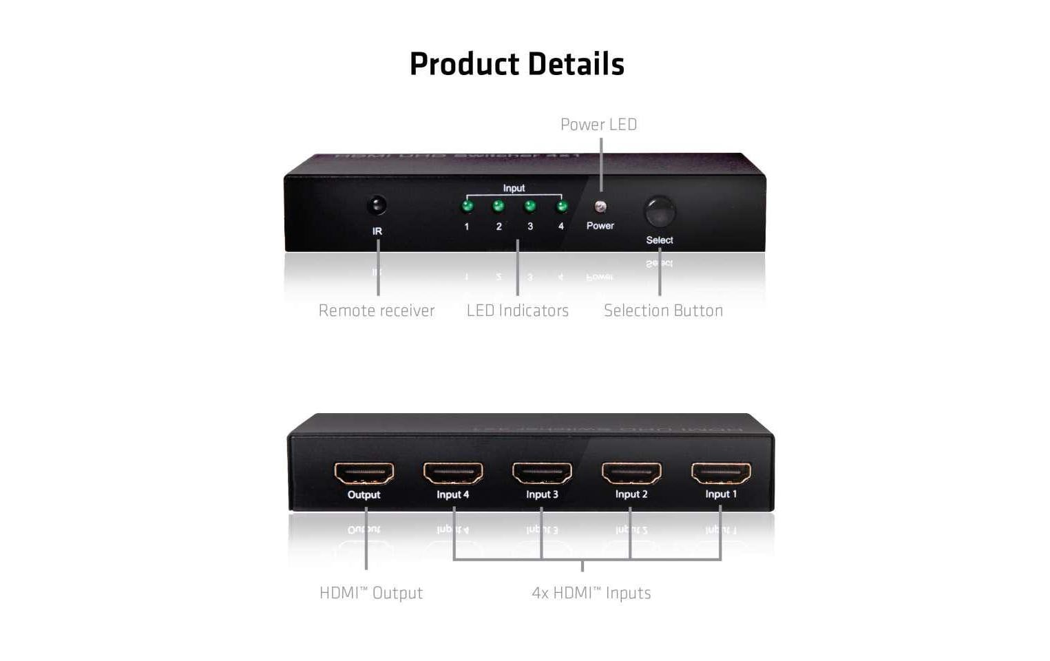 CLUB3D Club 3D – HDMI-Switchbox – 4K UHD, HDMI 2.0a, 4 Eingänge, 1 Ausgang, Fernbedienung – Schwarz, Metall
