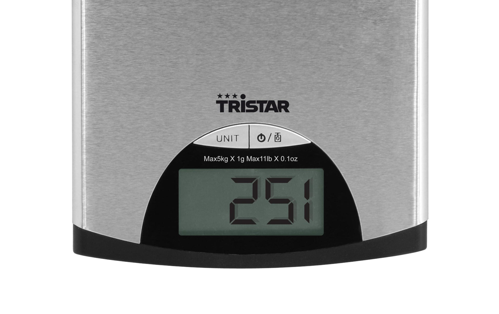 Tristar KW-2435 – Küchenwaage, bis 5 kg, 1 g Teilung, umschaltbare Einheiten, Tara, Edelstahl, silber
